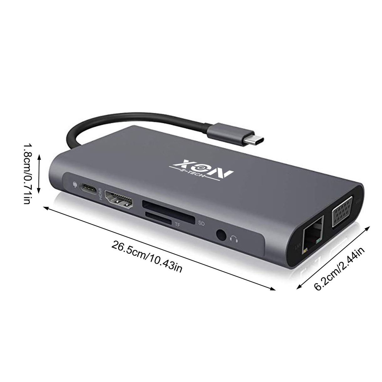 USB-хаб XON SmartHub 10 в 1 (Ethernet, VGA, HDMI, 3.5 Audio, SD/TF, Type-C, 3xUSB3.0) Сірий (UHCHP104300G 5252)