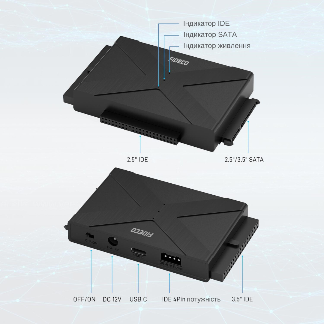 Док-станція Fideco для 2.5"/3.5" SATA/IDE HDD/SSD USB Type-C 3.2 (FDS3SC0SI3PB 2629) Чорна
