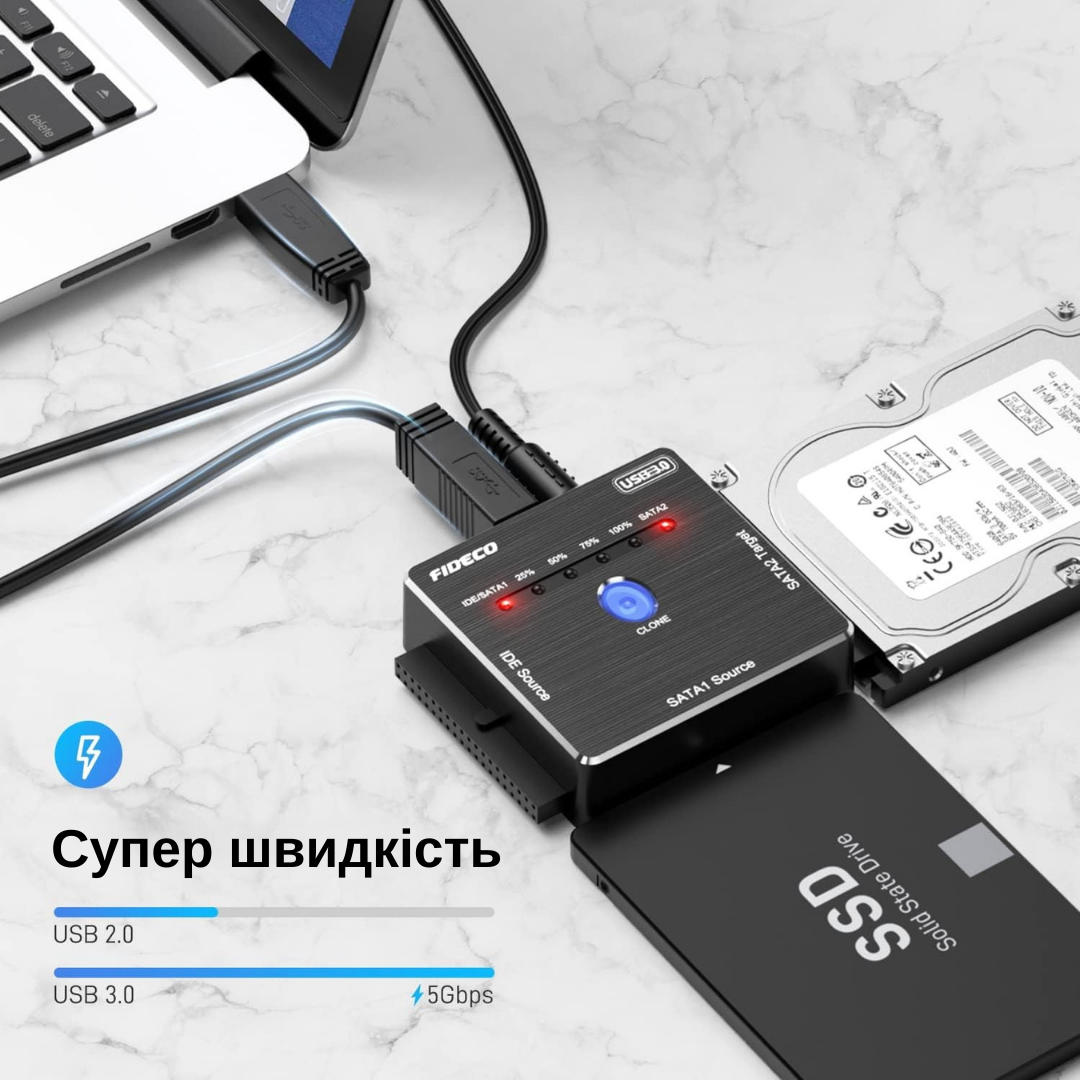 Док-станція клонувальник Fideco для 2.5"/3.5" SATA/IDE HDD/SSD USB 3.0 (FDS4CA0SI3PB 2650) Чорна