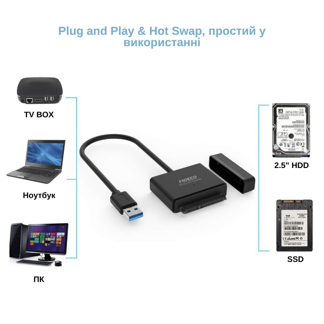 Адаптер Fideco з живленням для 2.5"/3.5" SATA HDD/SSD USB 3.0 (FMC1PA0SA1PB 2674) Чорна