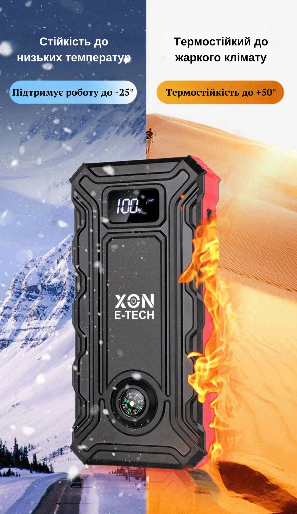 Портативна батарея 20000 mAh з функцією автозапуску 500A (peak 1000A) с автоматичним повітряним насосом XON PowerBoost (TC1N 2230) Чорна